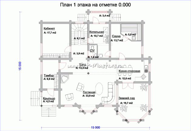 план 1 этажа деревянного дома Подснежник