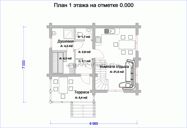 план 1 этажа деревянной бани Облако-22 в Обнинске