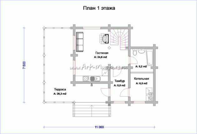 план 1 этаж деревянного дома Апрель