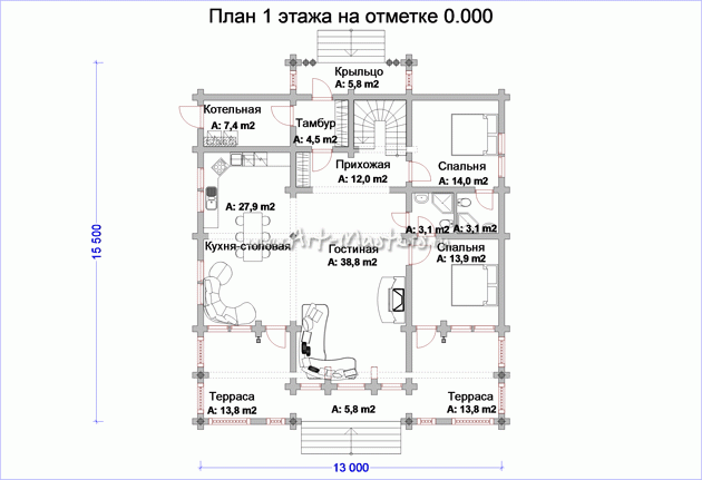план 1 этажа деревянного дома Боровик-274