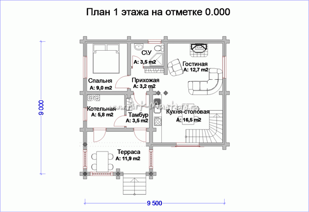 план 1 этаж деревянного дома Облако-21