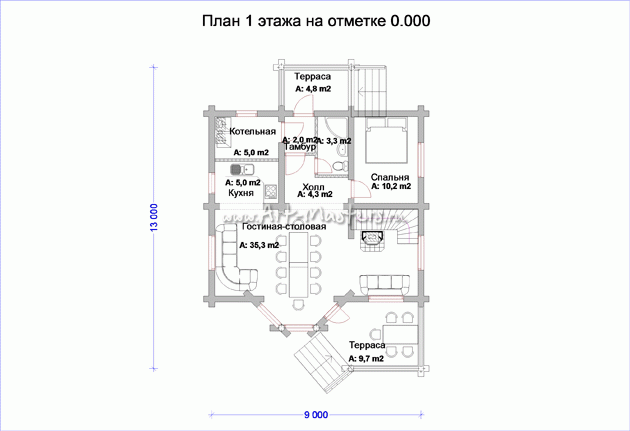 план 1 этаж деревянного дома Дубрава-23V3