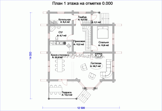 план 1 этажа деревянного дома Дубрава-БК3-21Y