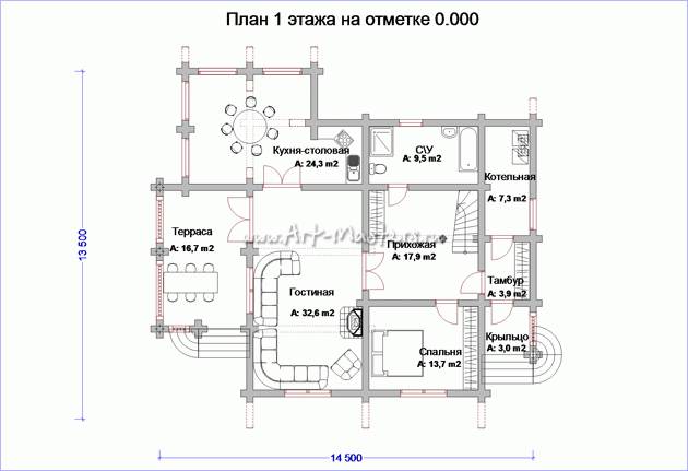план 1 этажа деревянного дома Дубрава КВ-21Y