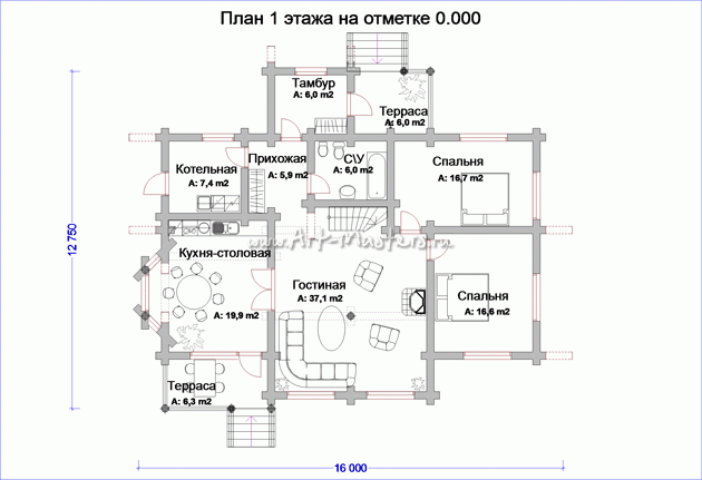 план 1 этажа деревянного дома Клен-БК2-21