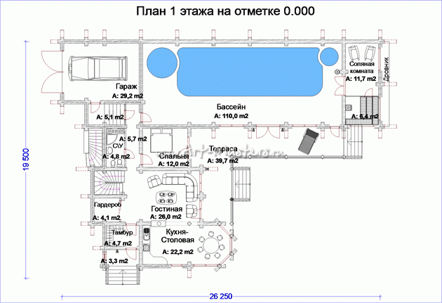 план 1 этажа деревянного дома Клео