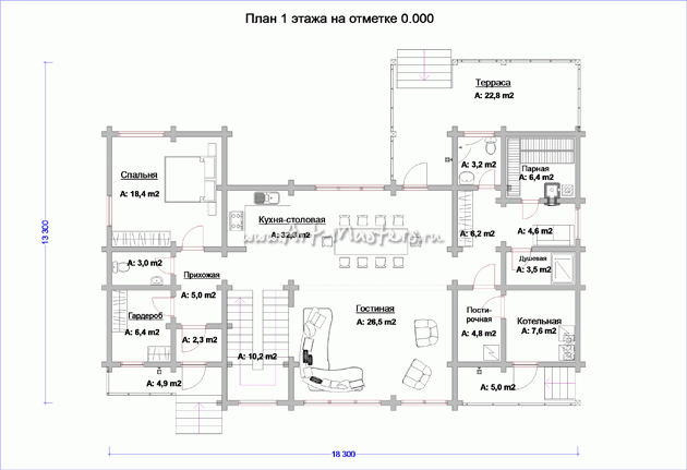 план 1 этажа деревянного дома Кубер-21