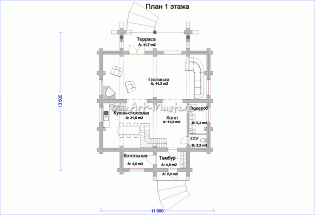 план 1 этажа деревянного дома Лесовик