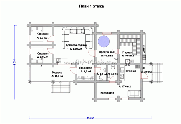 план 1 этажа деревянной бани Медуница-15
