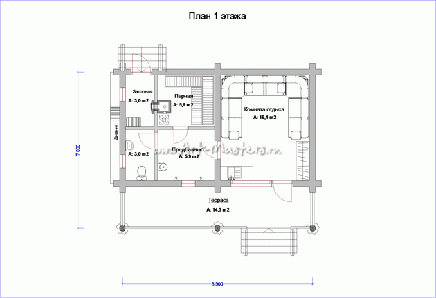 план 1 этажа деревянной бани Меркурий 16