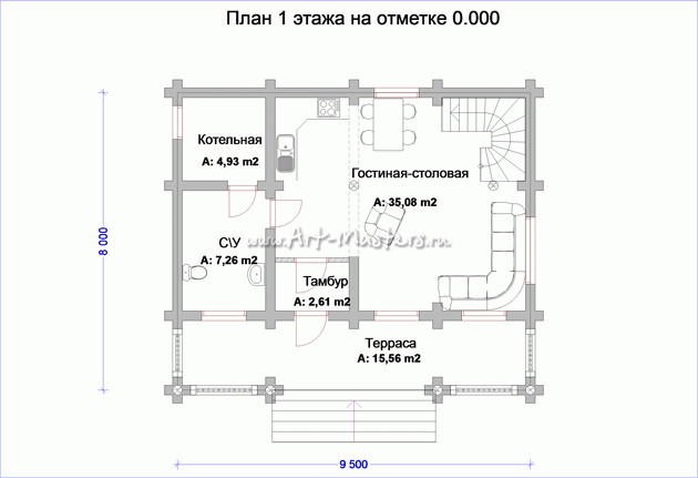 план 1 этаж деревянного дома Меркурий-22