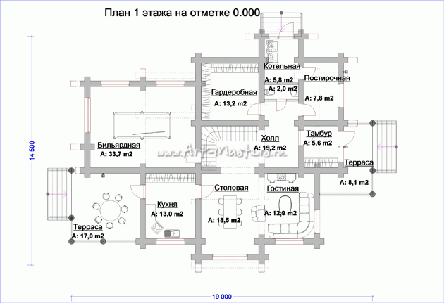 план 1 этажа деревянного дома Мустан-24