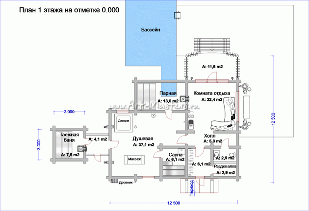 план 1 этажа деревянной бани СПА радужная 11