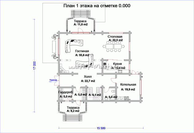 план 1 этажа деревянного дома Радужный-21