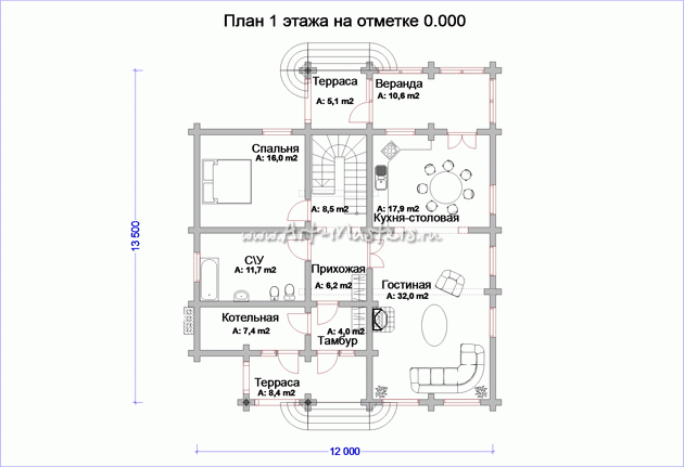 план 1 этажа деревянного дома Сириус