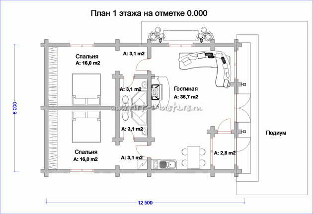 план 1 этаж деревянного дома Таежный-14