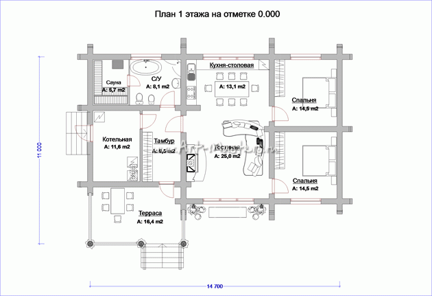 план 1 этаж деревянного дома Таежный-15