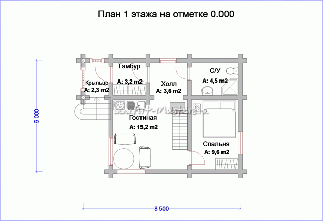 план 1 этаж деревянного дома Умка-26