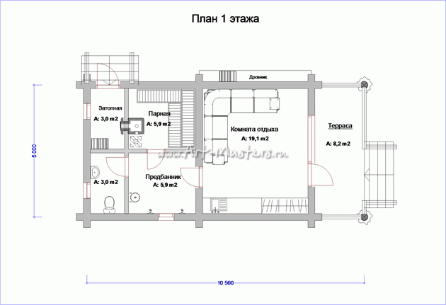 план 1 этажа деревянной бани Варяг 14